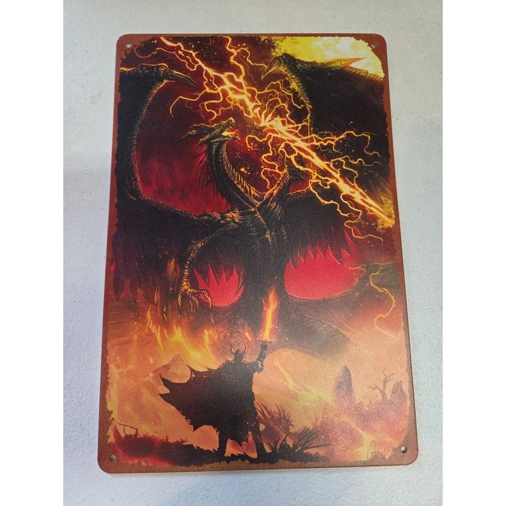 Fantasy Dragon vs‎ Wizard Metal Sign Wall Art Plaque Fire Lightning Gothic Decor